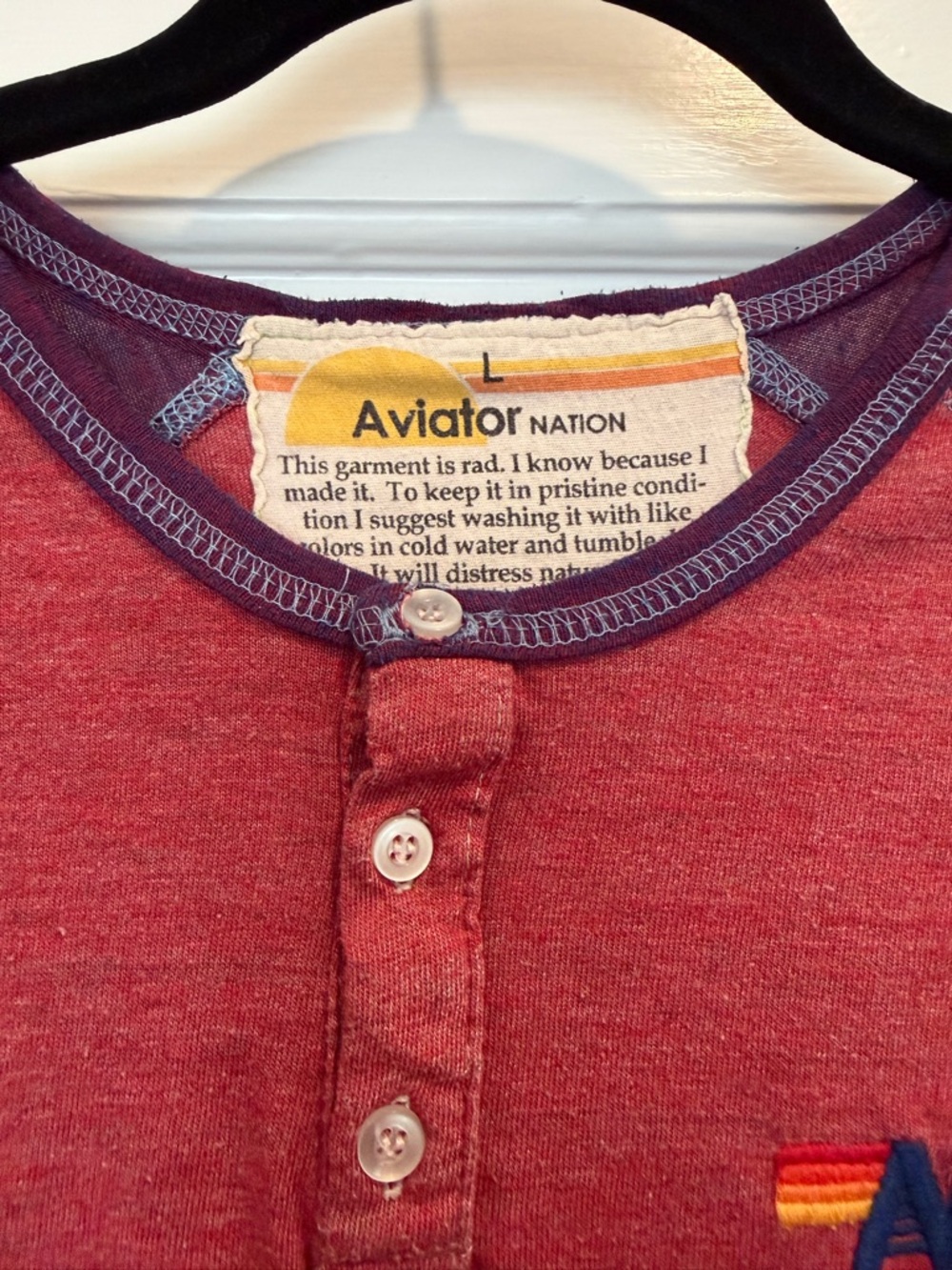 Aviator Nation Red 3/4 Sleeve Henley with Purple Trim - Picture 2 of 3